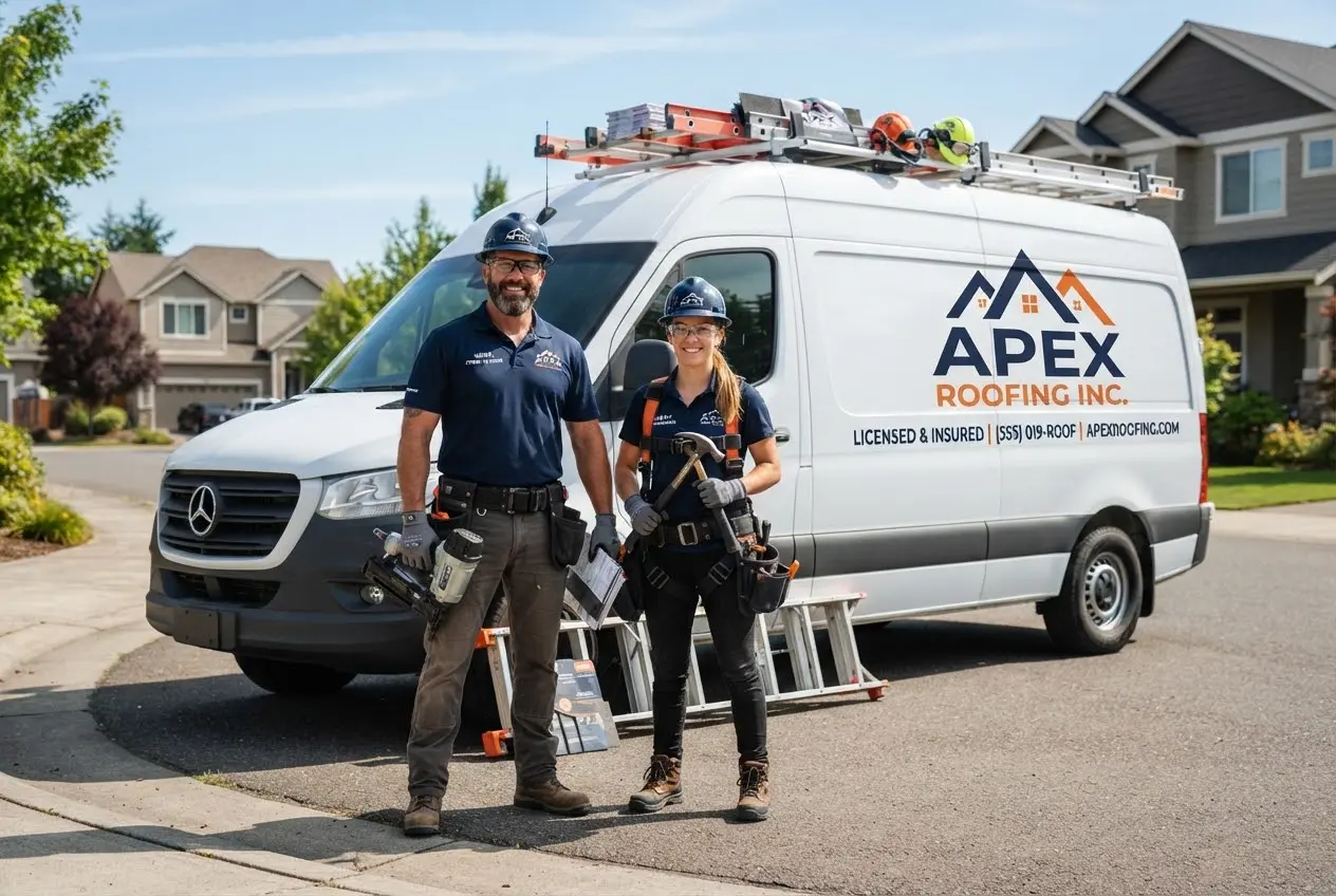 Professional team of roofing contractors standing in front of an Apex Roofing service van