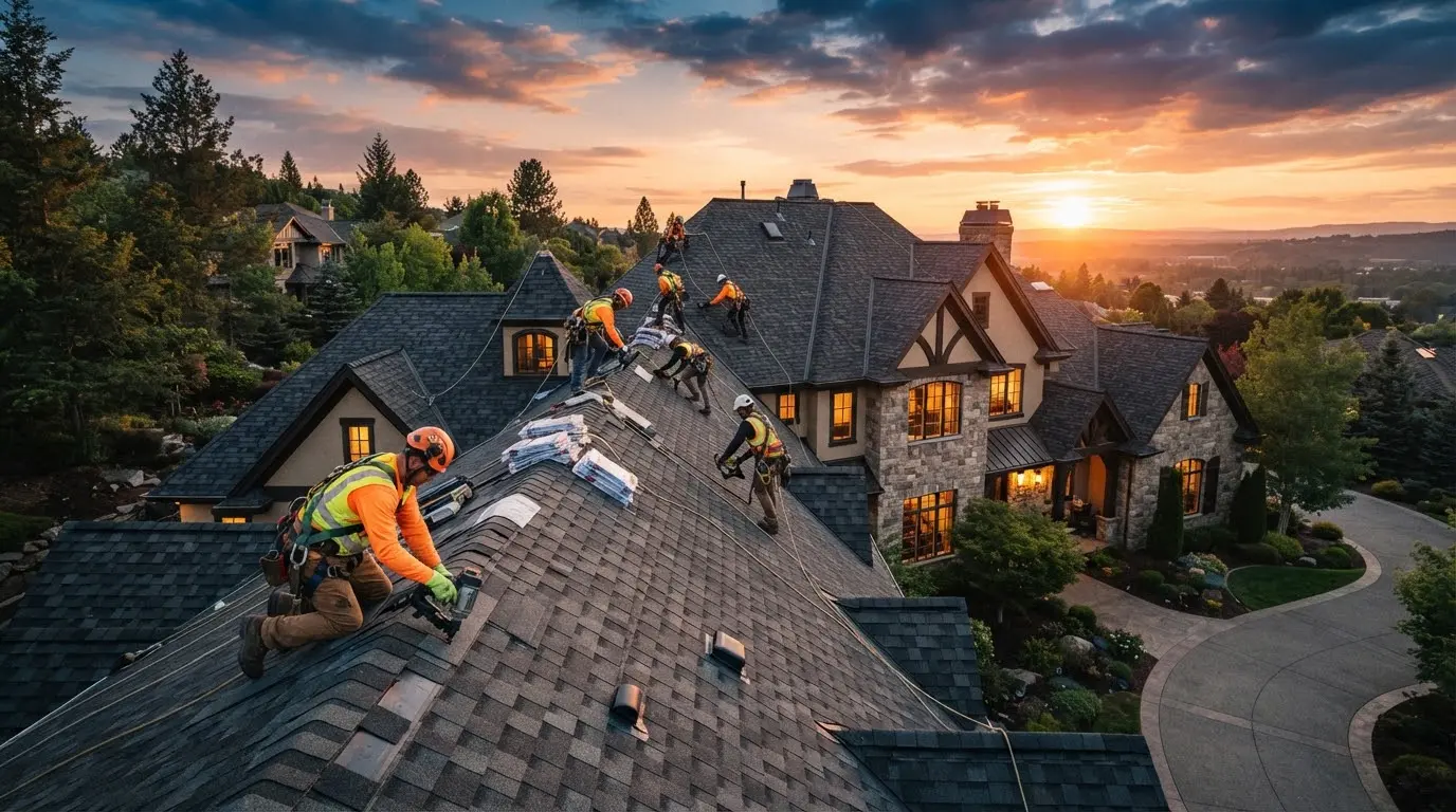 A dramatic sunset photo of a professional roofing crew actively installing dark architectural shingles on a large, complex roof of a modern luxury home