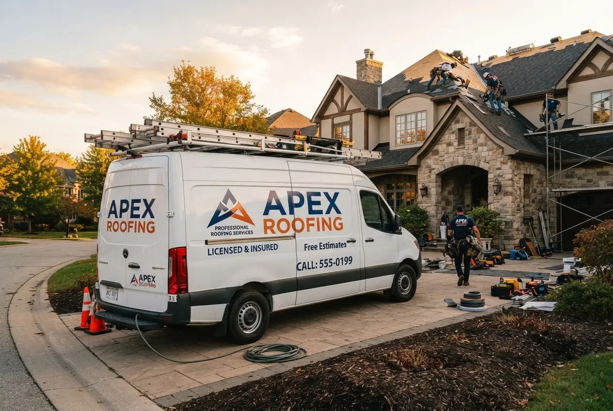 A team of three professional roofers standing confidently in front of a branded APEX roofing van