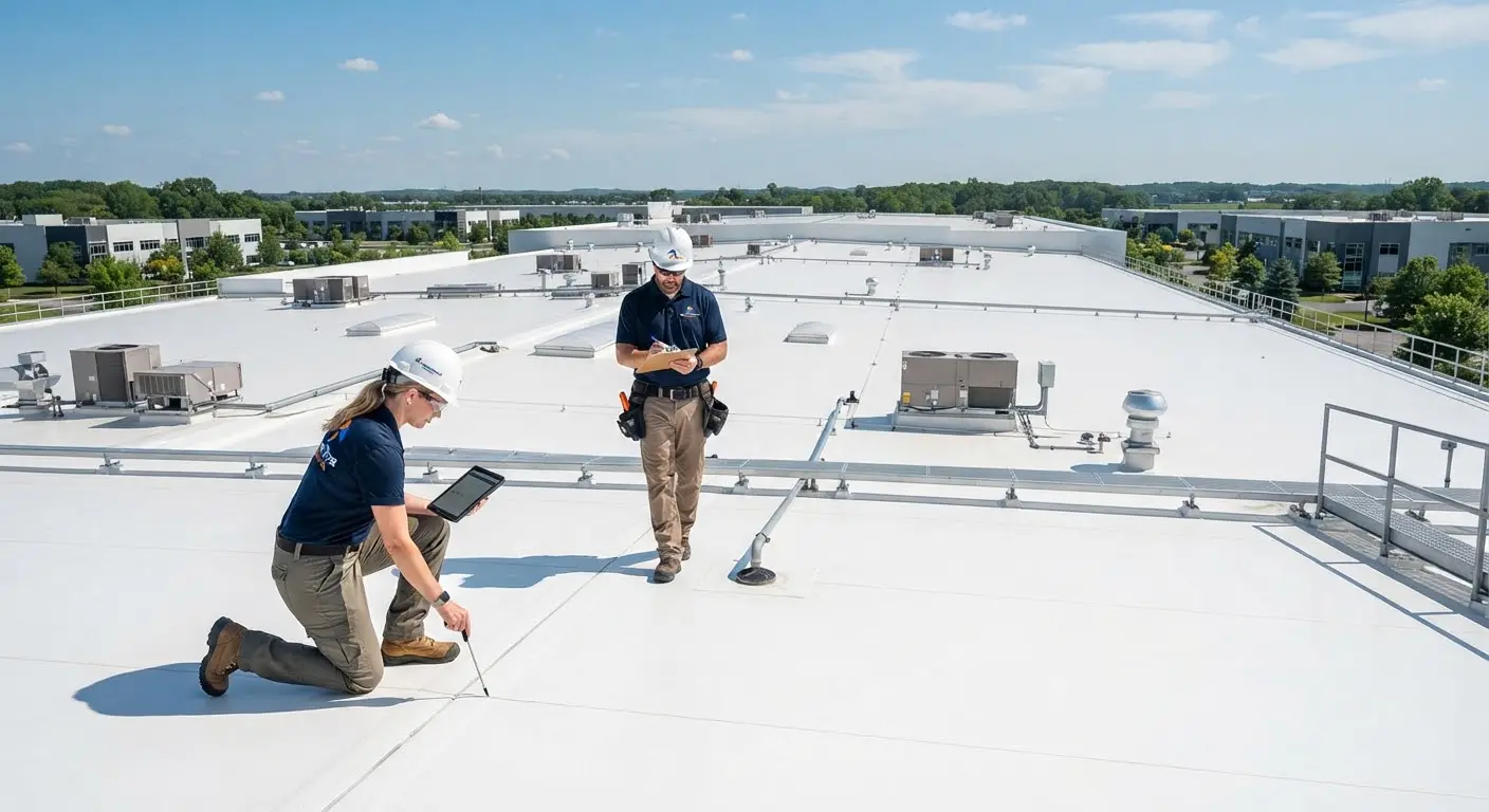 A large-scale commercial flat roof being inspected with clean white TPO roofing membrane