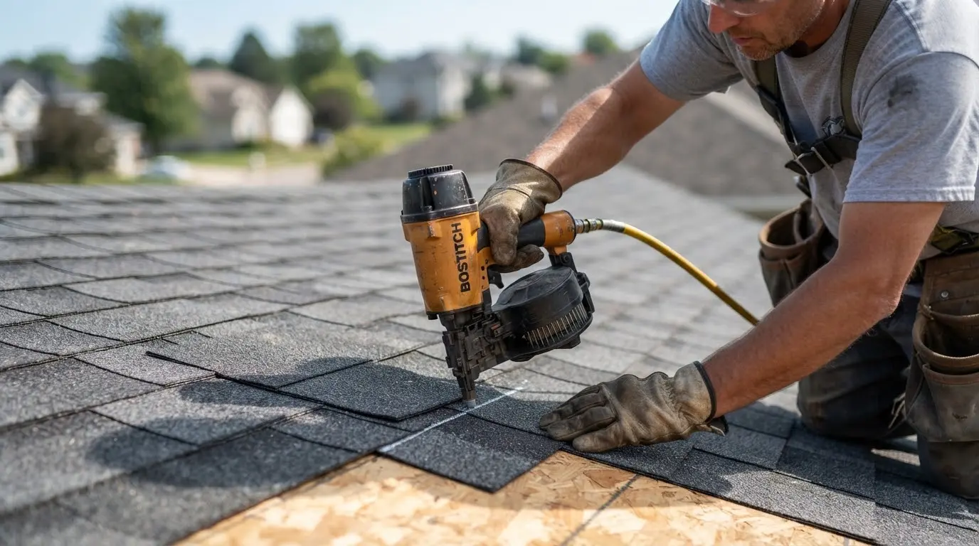 Close-up photograph of a roofer's hands using a professional pneumatic nail gun to install premium architectural shingles