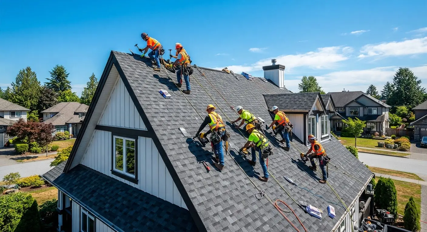 A wide architectural shot of a team of professional roofers in high-visibility gear working diligently on a steep pitched residential roof
