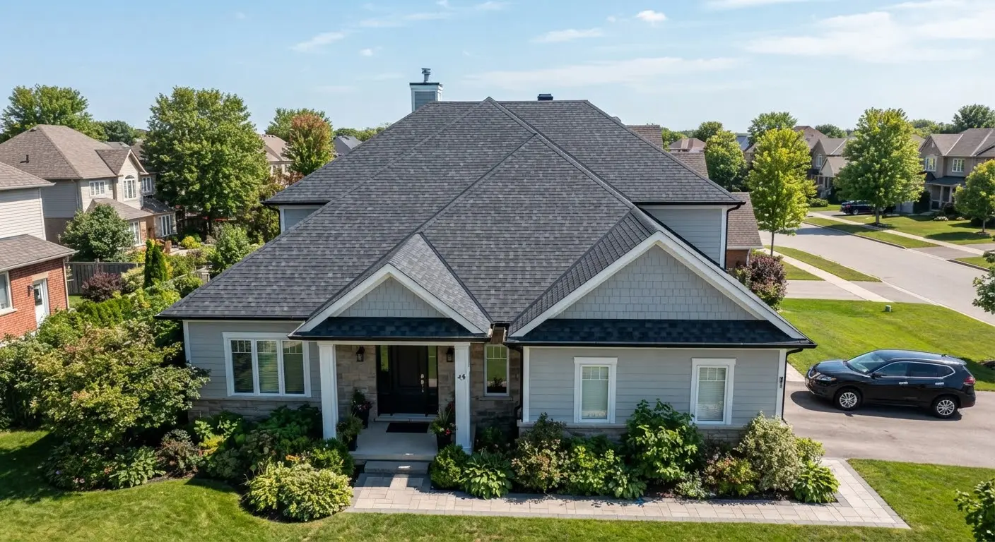 A pristine, newly installed residential roof on a suburban home, featuring charcoal grey architectural shingles