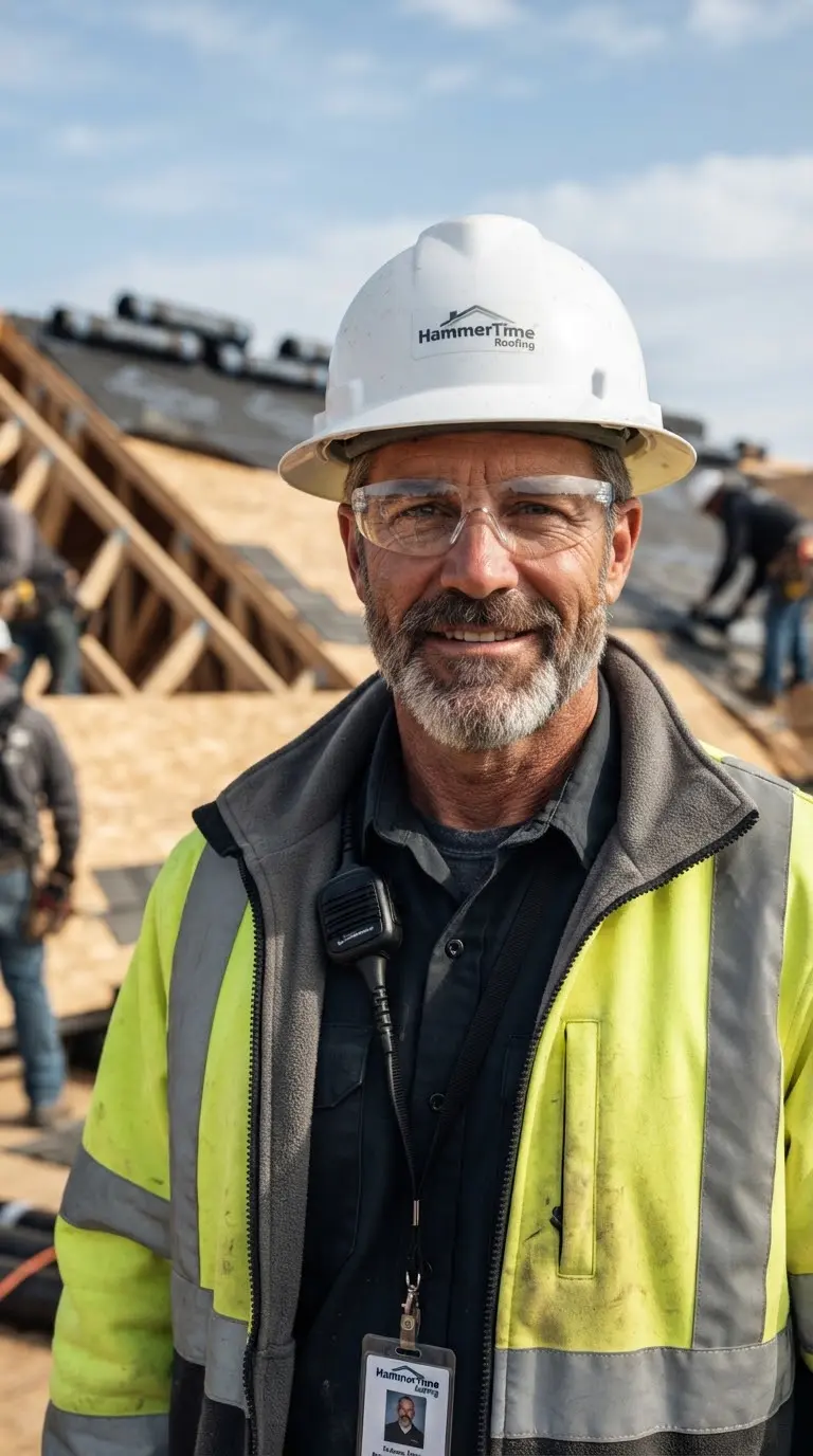 A close-up portrait of a confident construction foreman wearing a hard hat and safety glasses